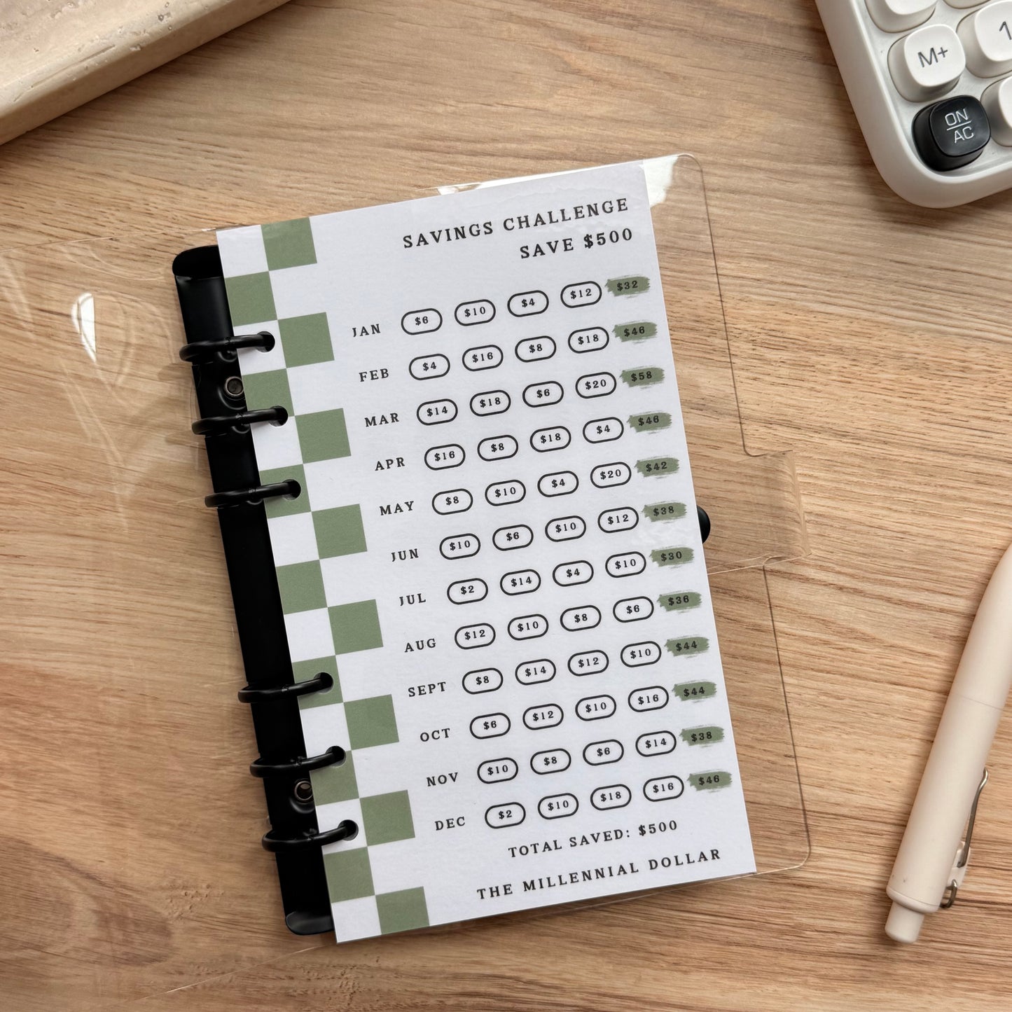 Yearly/Monthly $500 Savings Challenge Binder Bundle | Matcha
